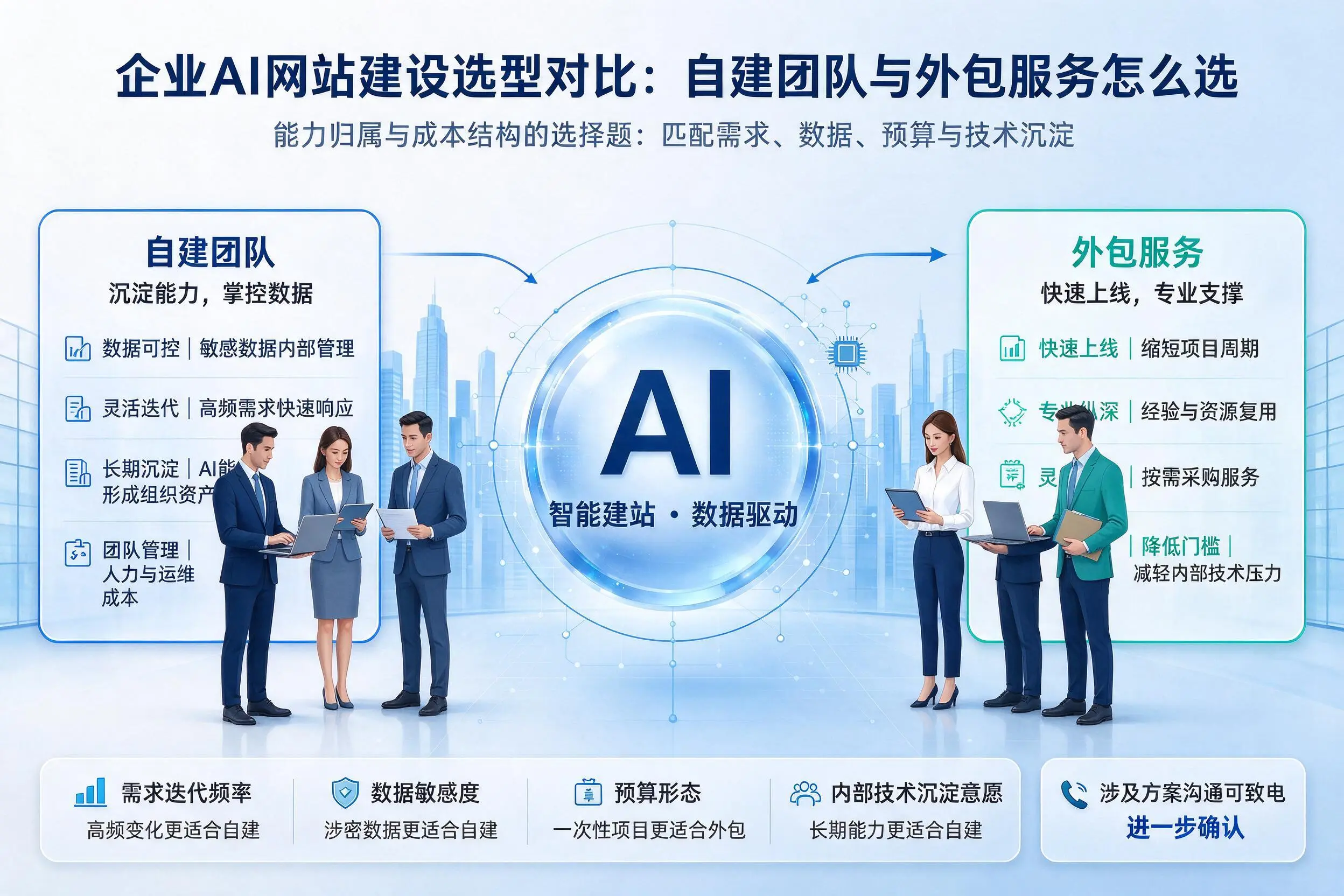 新乡企业AI网站建设选型对比：自建团队与外包服务怎么选